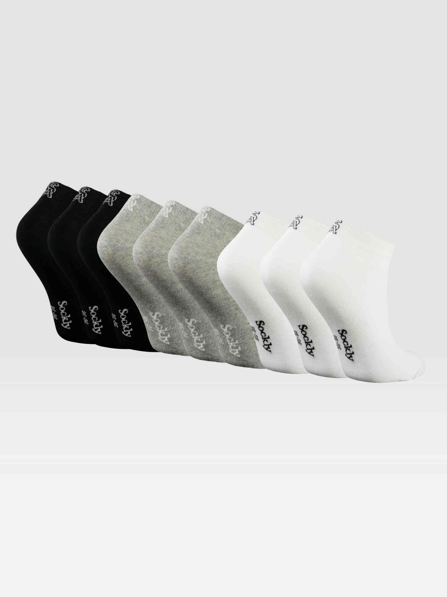 Negen Sockly Classic sokken in zwart wit en grijs achteraanzicht